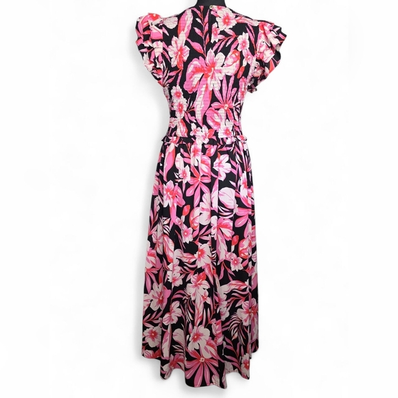 NWT Entro Smocked Hibiscus Floral Pink and Black Ruffle Cap Sleeve Dress Size M - Picture 4 of 10